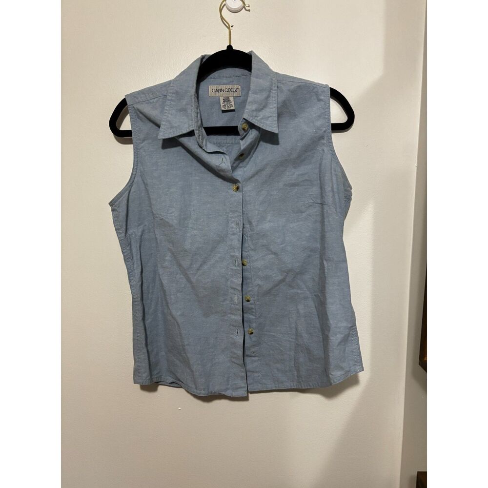 Cabin Creek Blue Sleeveless Button Up Shirt Collared Cotton Womens‎ Petite M